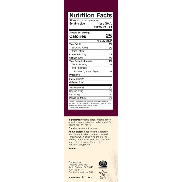 Teeccino Hazelnut Chicory Herbal Coffee, Medium Roast, 11 oz