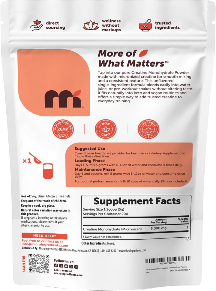 Micro Ingredients Creatine Monohydrate Powder, Unflavored, 1 kg