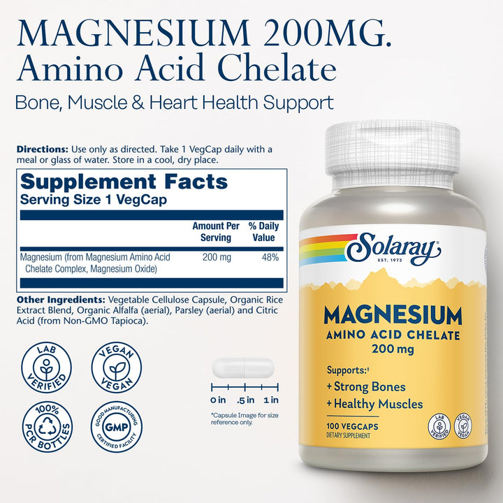 SOLARAY Magnesium Capsules, 200 mg, 100 Count