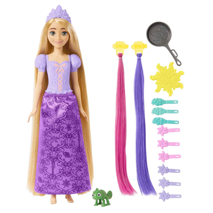 Mattel Disney Princess Rapunzel Fashion Doll, 2 Color-Change Hair Extensions & 10 Hairstyling Pieces
