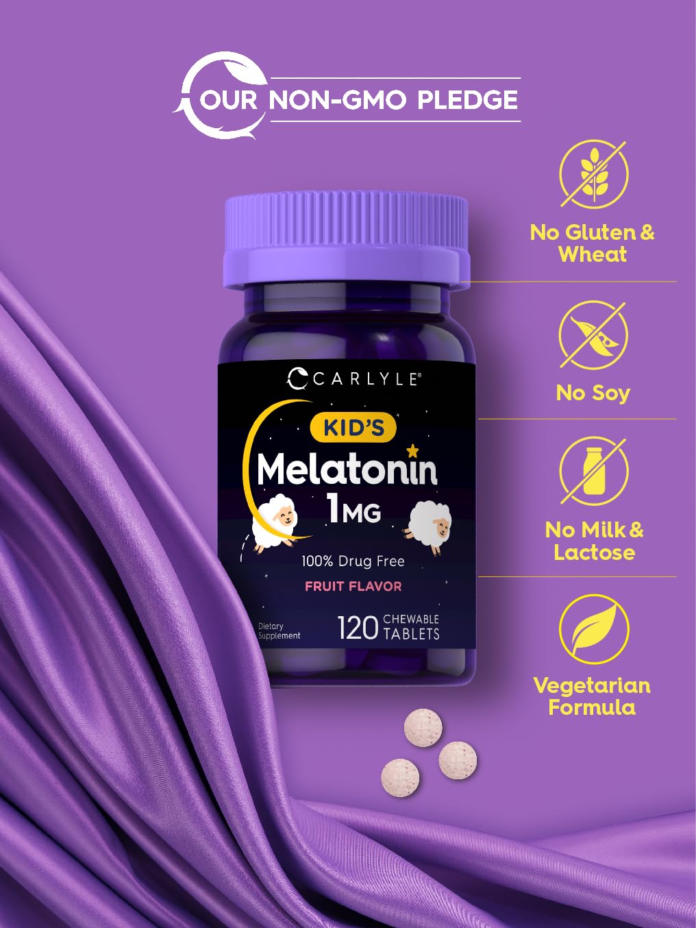 Carlyle Kids Melatonin, Fruit Flavor, 1 mg, 120 Count