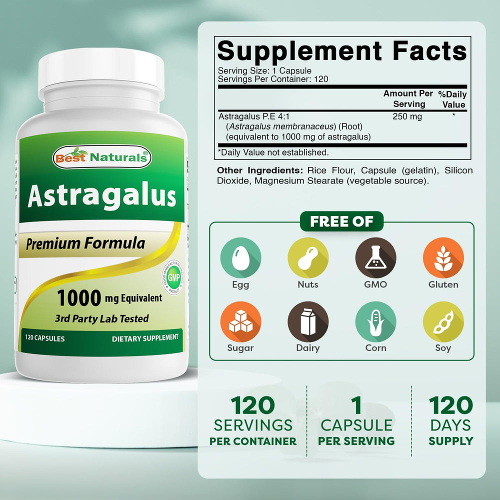 Best Naturals Astragalus Capsules, 1000 mg, 120 Count
