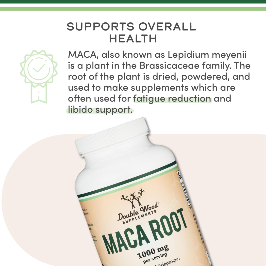 Double Wood Supplements Maca Root Capsules, Black Red Yellow, 1,000 mg, 300 Count