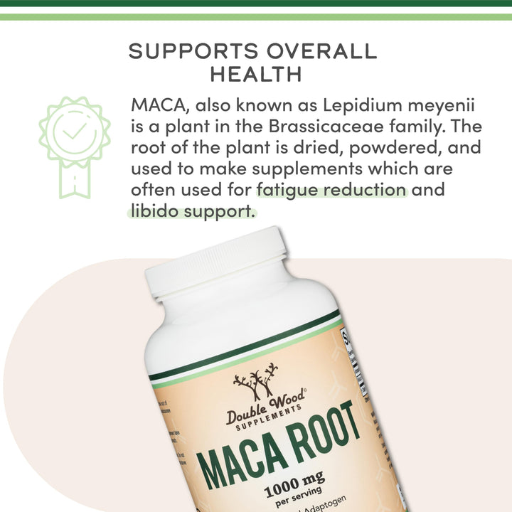 Double Wood Supplements Maca Root Capsules, Black Red Yellow, 1,000 mg, 300 Count