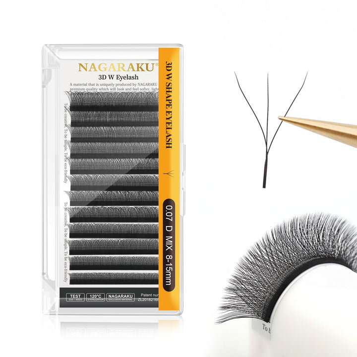 NAGARAKU 3D Lash W Premade Fans Volume Lash Extension, 0.07mm D Curl, 8-15mm Mix