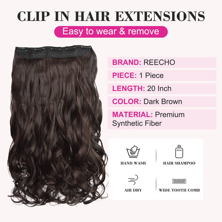 REECHO Curly Wave Clip-In Hair Extensions, Dark Brown, 20 Inch, 1 Count, 4.6 oz