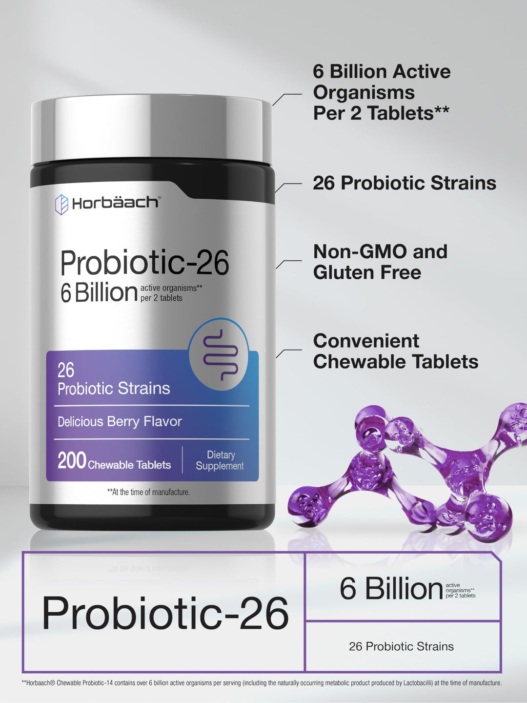 Horbäach Probiotics, Berry Flavor, 200 Count