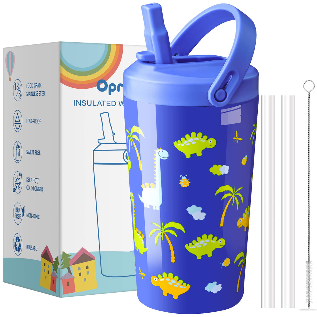 Opreine Kids Water Bottle With Straw Lid, Blue Dinosaur, 14 oz