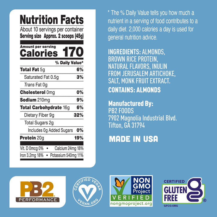 PB2 Performance Almond Plant Based Vegan Protein Powder, Almond with Madagascar Vanilla, 1 lb