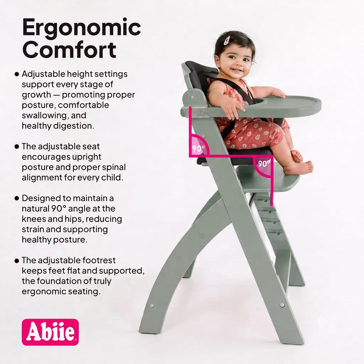 Abiie Beyond Junior Wooden High Chair, Misty Grey Wood/Black Pearl Cushion