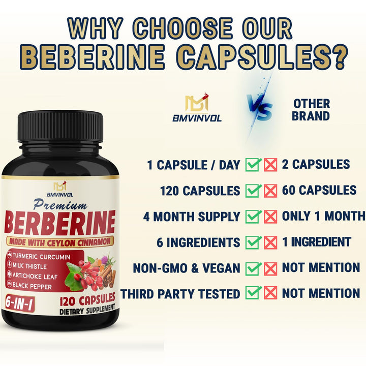 BMVINVOL 6 in 1 Berberine Supplement With Ceylon Cinnamon, Turmeric Root, Milk Thistle, Artichoke And Black Pepper, 120 Count