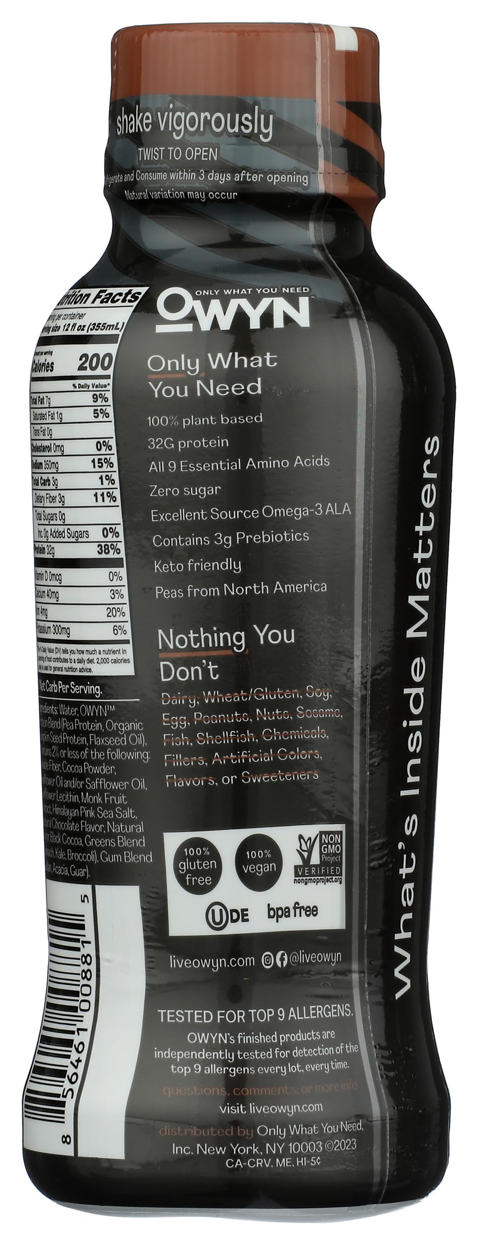 OWYN Only What You Need Pro Elite Plant Protein Shake, Chocolate, 12 fl oz