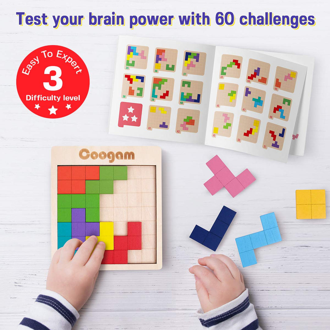 Coogam Wooden Puzzle Pattern Blocks, 60 Count