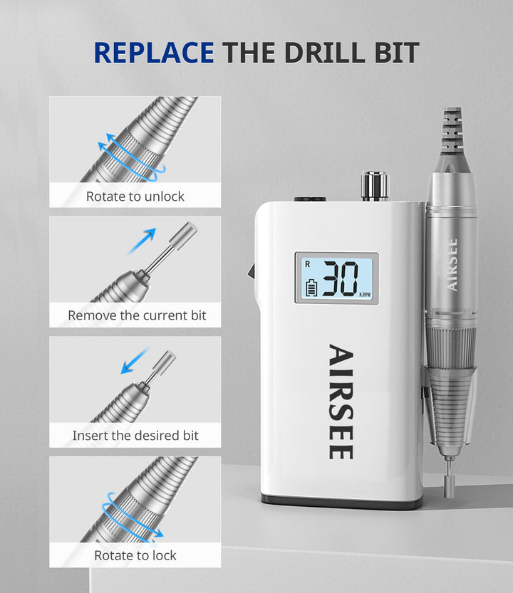 AIRSEE Electric Nail Drill Kit, Rechargeable, 30000 RPM