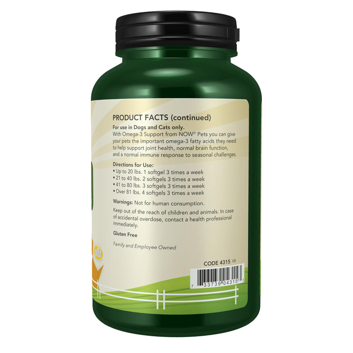 NOW Pet Health Omega 3 Supplement for Cats & Dogs, 180 Count