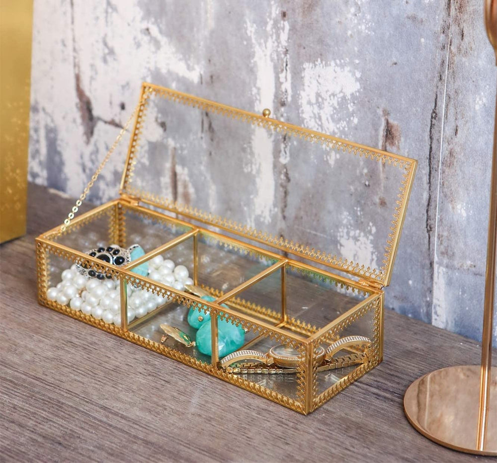 Levilan Glass Lidded Jewelry Box, Golden Vintage Pattern Edge