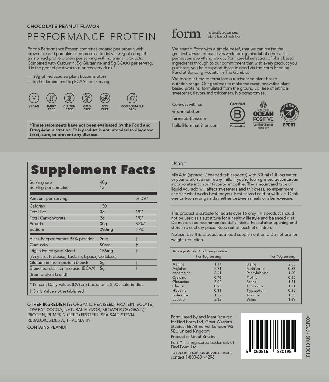 Form Performance Protein, Vegan Protein Powder, Chocolate Peanut