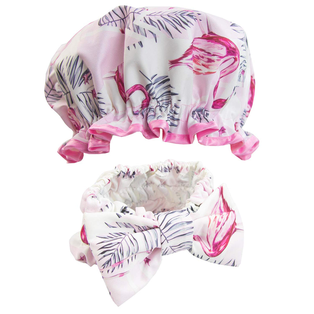 The Vintage Cosmetic Company Make-Up Headband And Shower Cap Set, Pink Flamingo Print