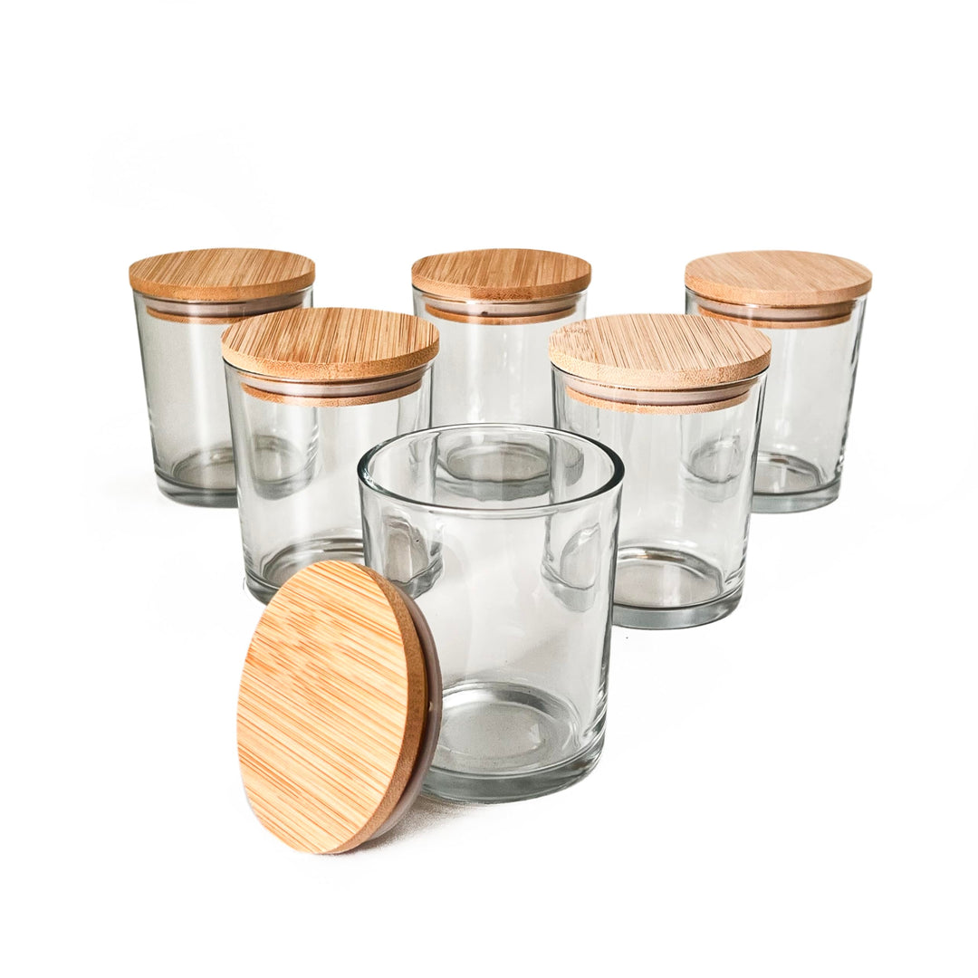 Direct Candle Supply Glass Tumbler with Wood Lid, Clear, 6 Count