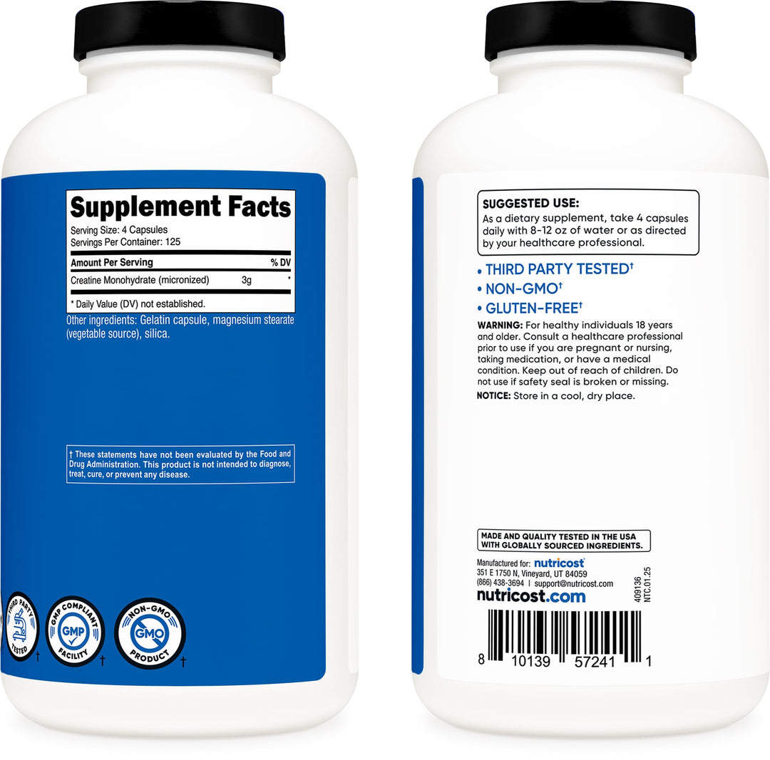 Nutricost Micronized Creatine Monohydrate, 3000 mg, 500 Count