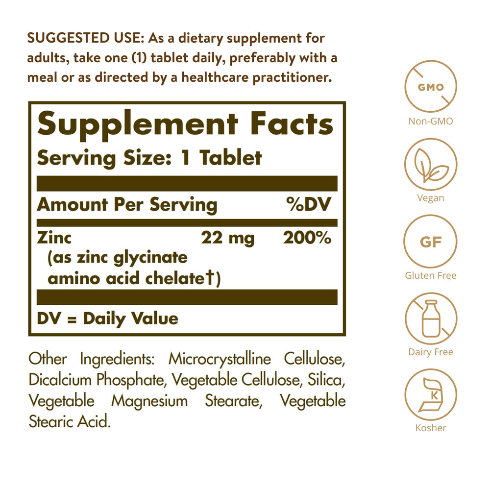 Solgar Chelated Zinc Tablets, 100 Count
