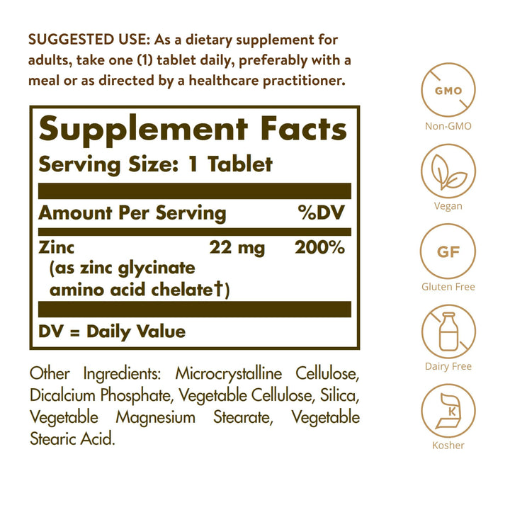 Solgar Chelated Zinc Tablets, 100 Count