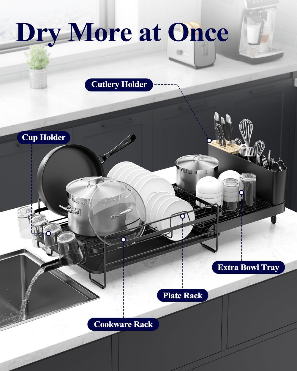 Kitsure Dish Drying Rack, Black, 48.8-67.8x32.8x15cm