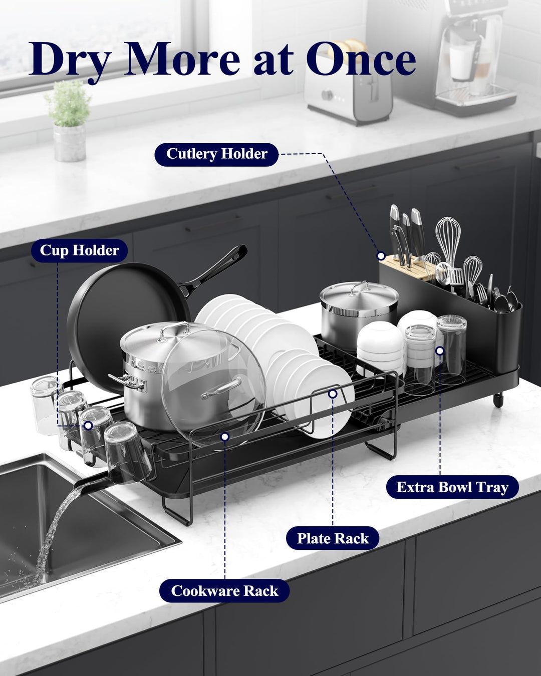 Kitsure Dish Drying Rack, Black, 48.8-67.8x32.8x15cm