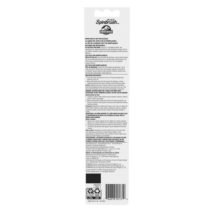 Spinbrush Kids Battery Powered Toothbrush, Jurassic World
