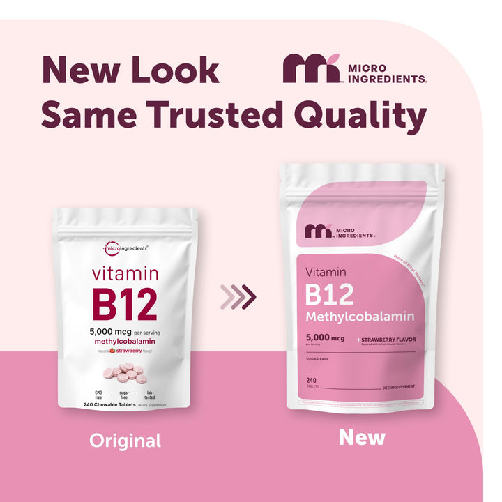 Micro Ingredients Vitamin B12 Methylcobalamin Sublingual Tablets, Strawberry, 5000 mcg, 180 Count