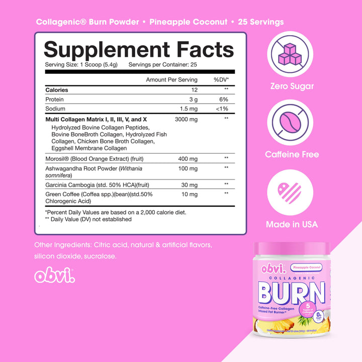 Obvi Collagenic Burn Powder, Pineapple Coconut