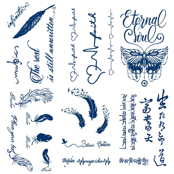 PADOUN Butterfly Feather Semi Permanent Tattoo, Chinese English Letter, 6 Count
