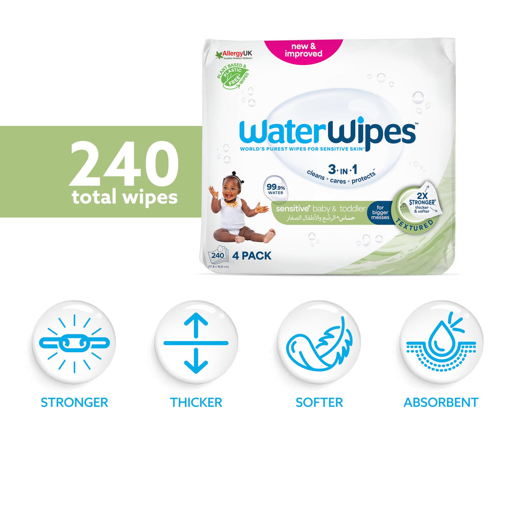 WaterWipes Plastic Free Textured Clean Baby Wipes, 240 Count, Pack of 4