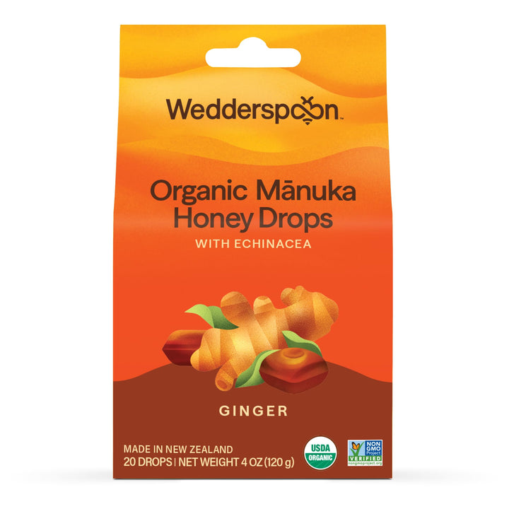 Wedderspoon Organic Manuka Honey Drops, Ginger and Echinacea, 20 Count