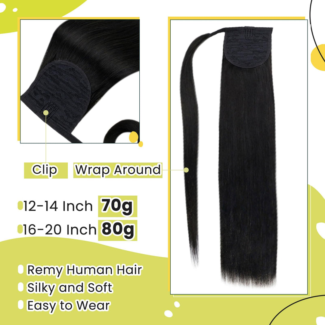 RUNATURE Human Hair Ponytail Extension, #1B Off Black, 12 Inch 70 g