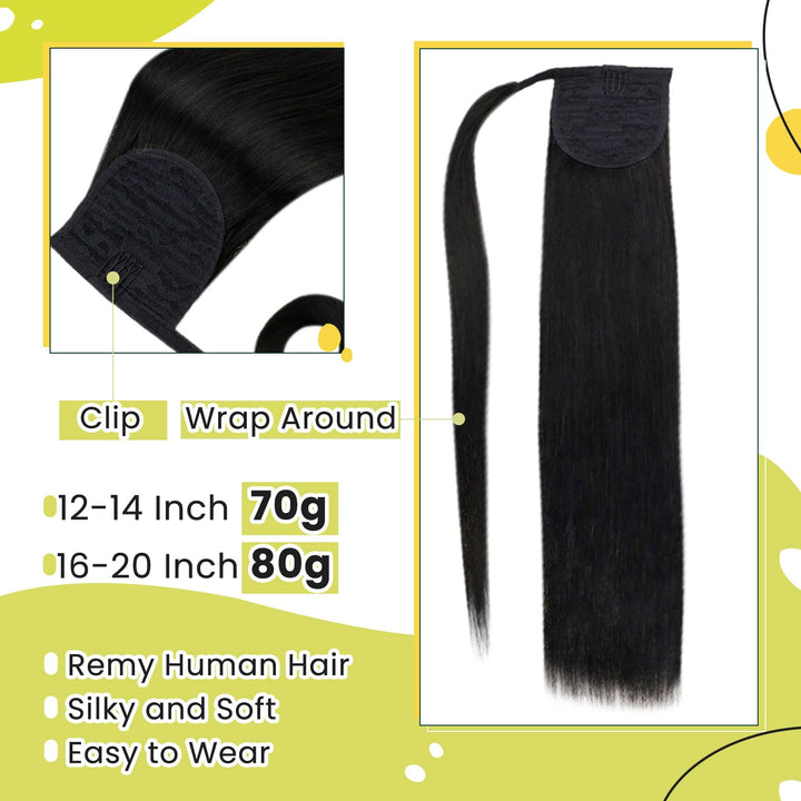 RUNATURE Human Hair Ponytail Extension, #1B Off Black, 12 Inch 70 g