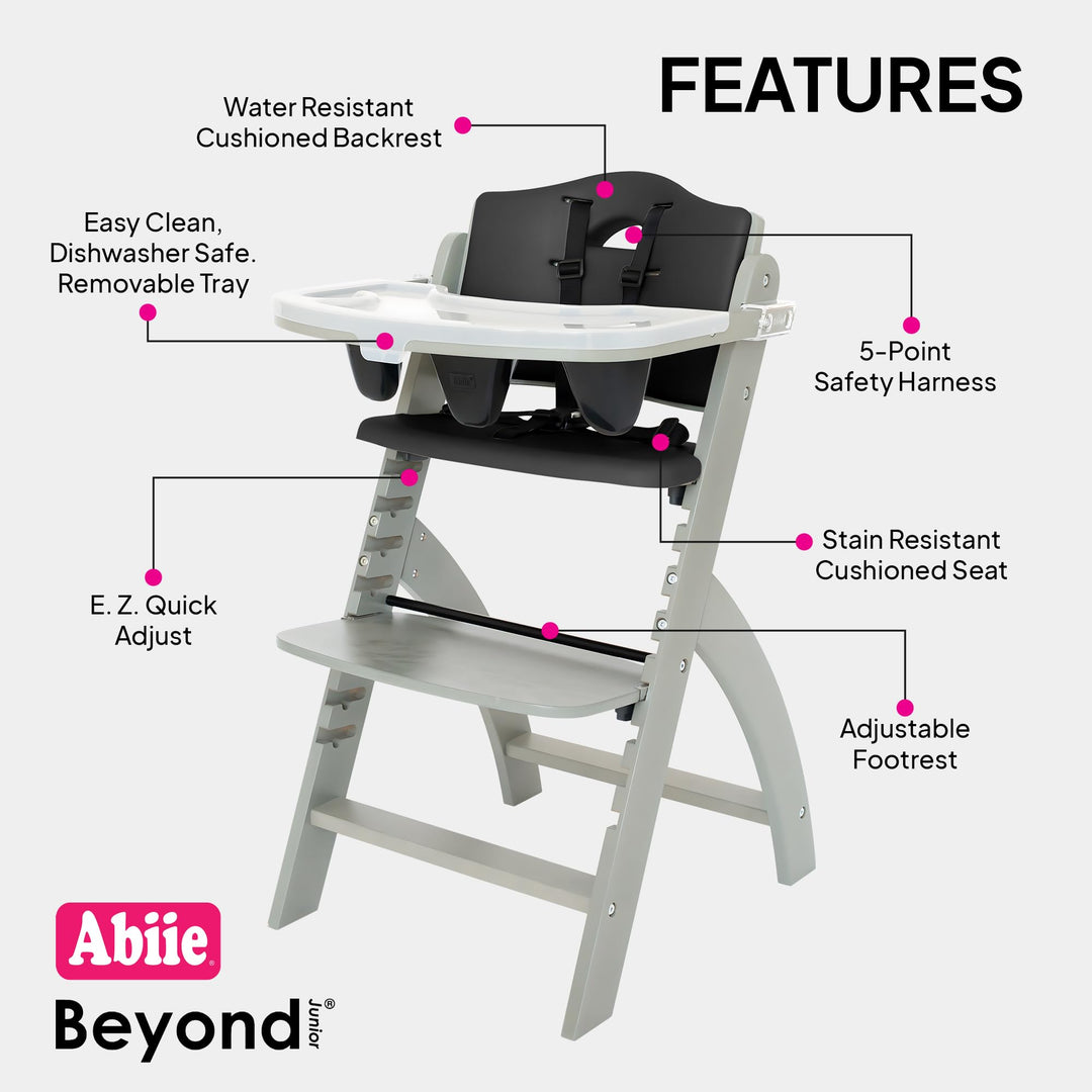 Abiie Beyond Junior Wooden High Chair, Misty Grey Wood/Black Pearl Cushion