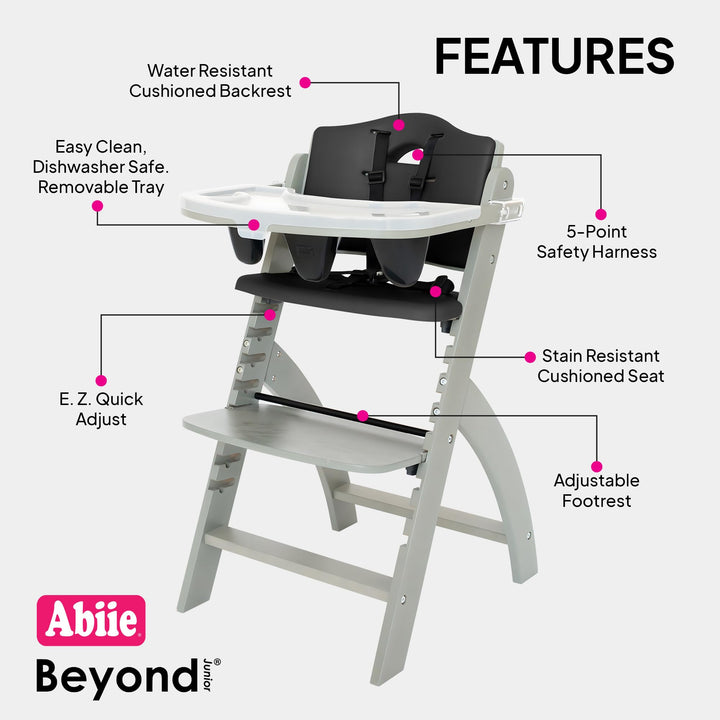 Abiie Beyond Junior Wooden High Chair, Misty Grey Wood/Black Pearl Cushion