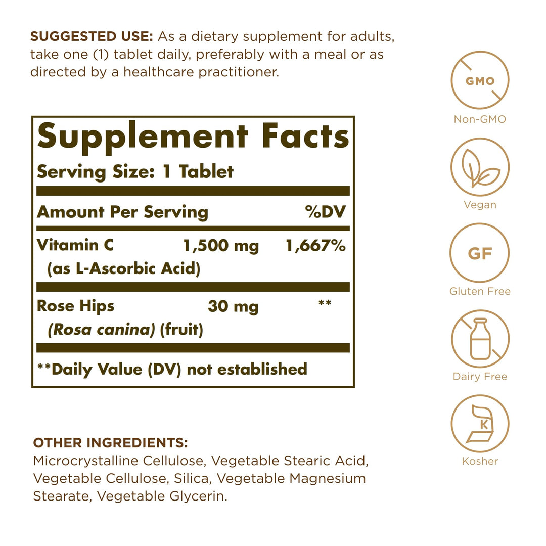 Solgar Vitamin C With Rose Hips, 1500 mg, 90 Count