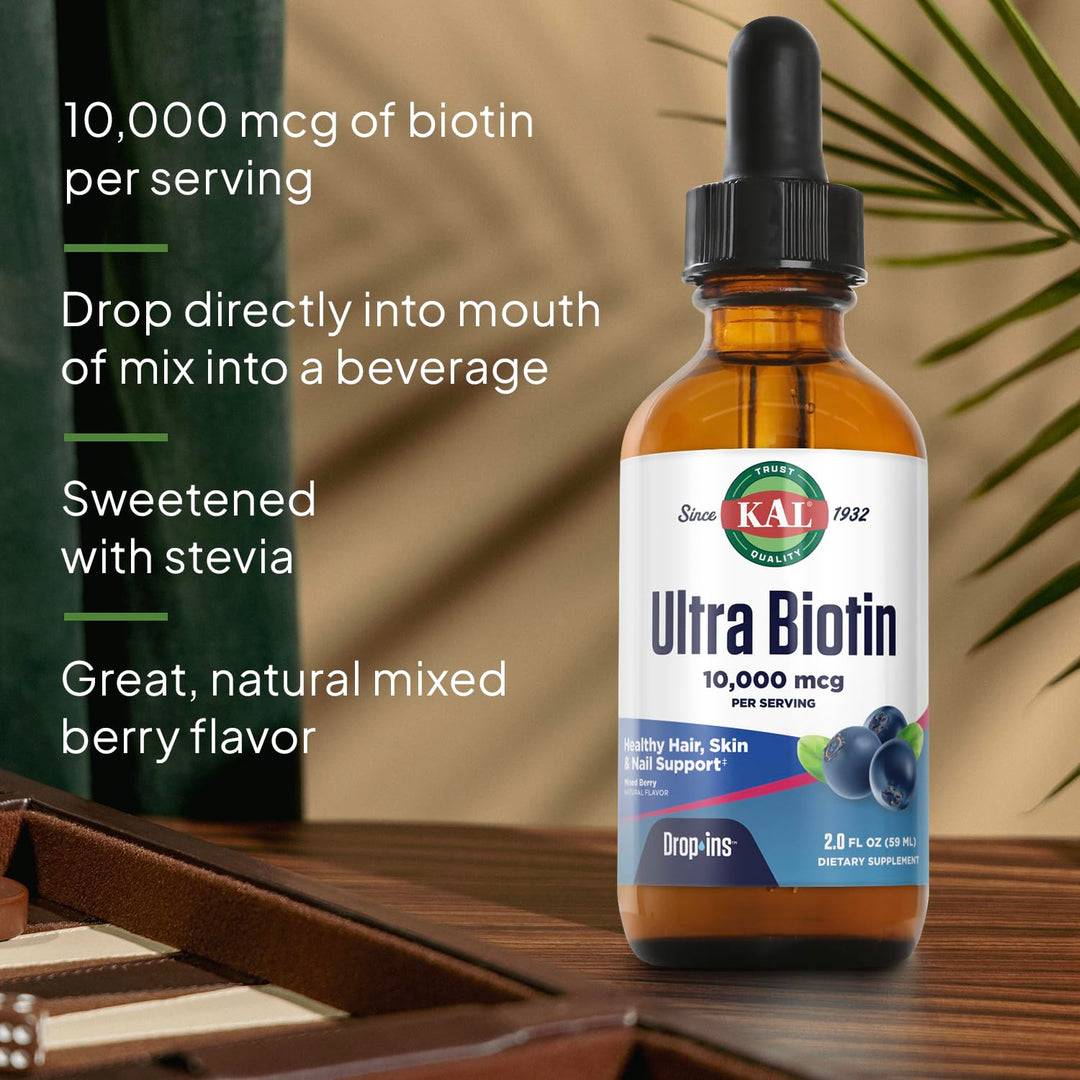 KAL Ultra Biotin Drop Ins Hair Skin & Nails Formula, Mixed Berry, 10000 mcg