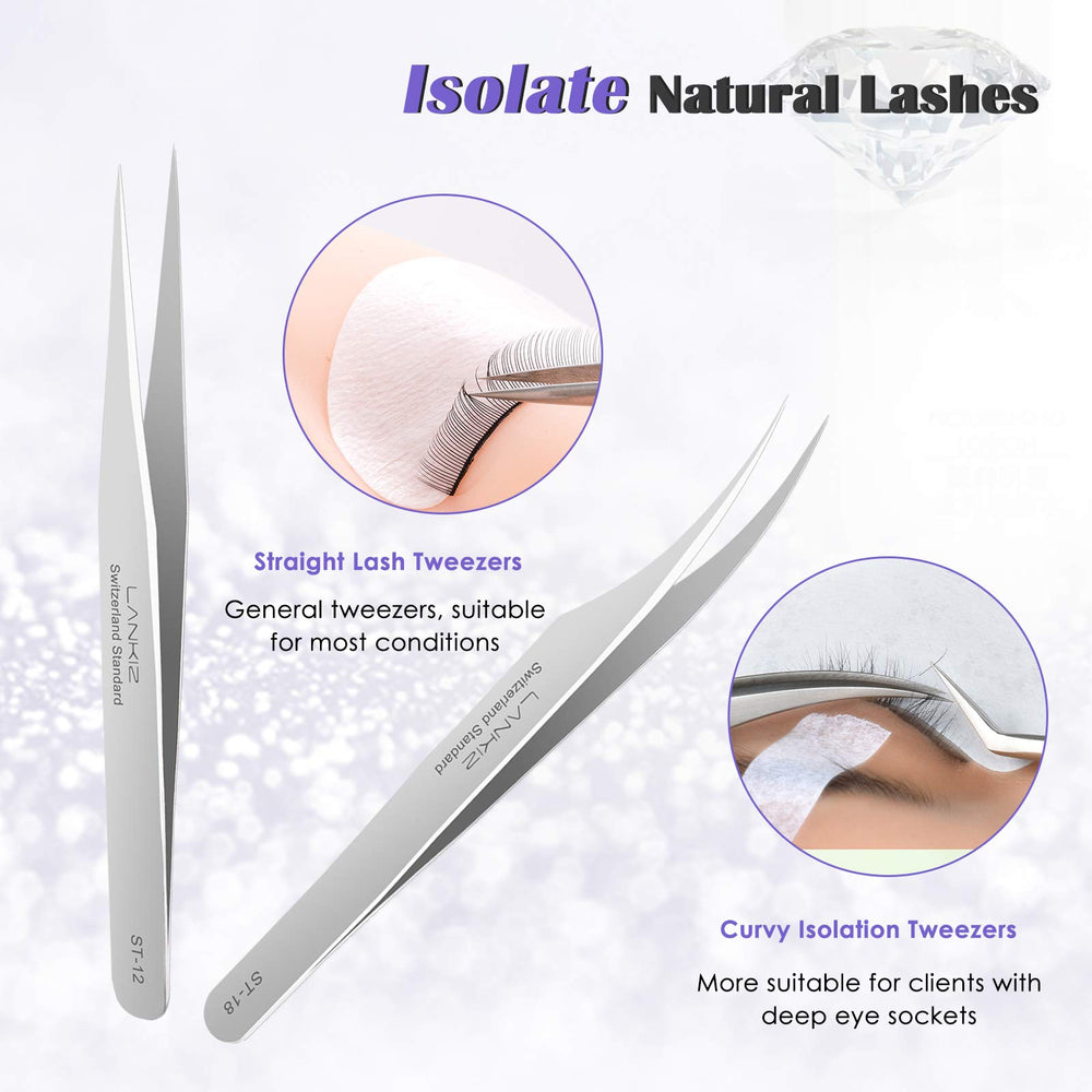LANKIZ Eyelash Tweezers Set, Silver, 5 Count