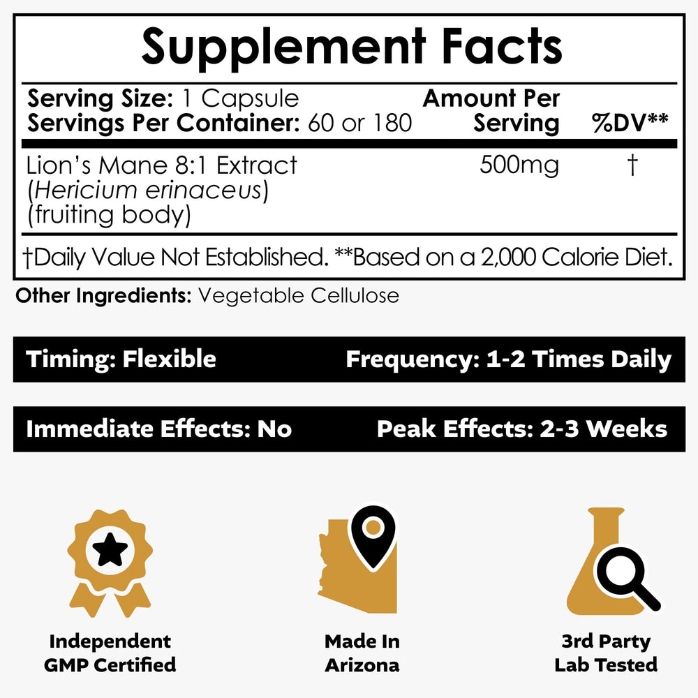 Nootropics Depot Lions Mane Mushroom Capsules, 500 mg, 180 Count