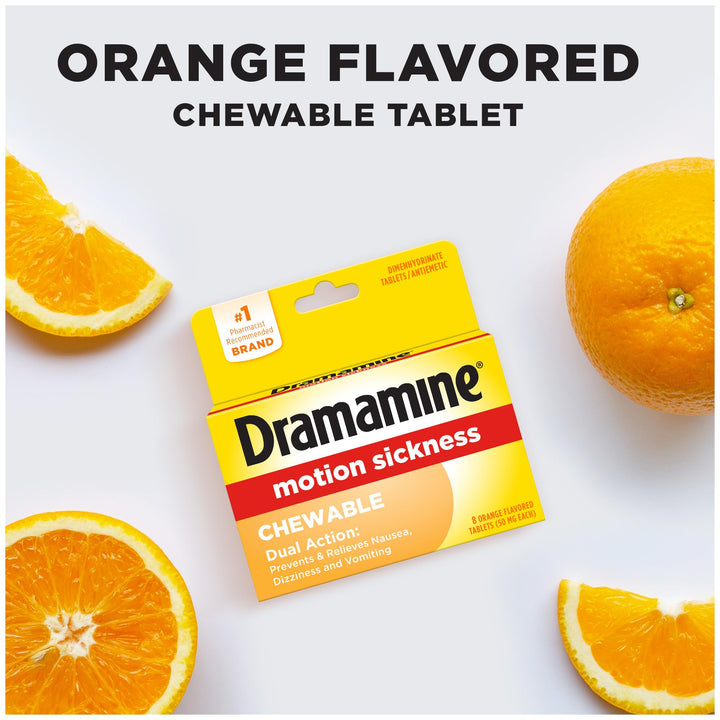 Dramamine Motion Sickness Relief Chewable Tablets, Orange, 50 mg, 8 Count