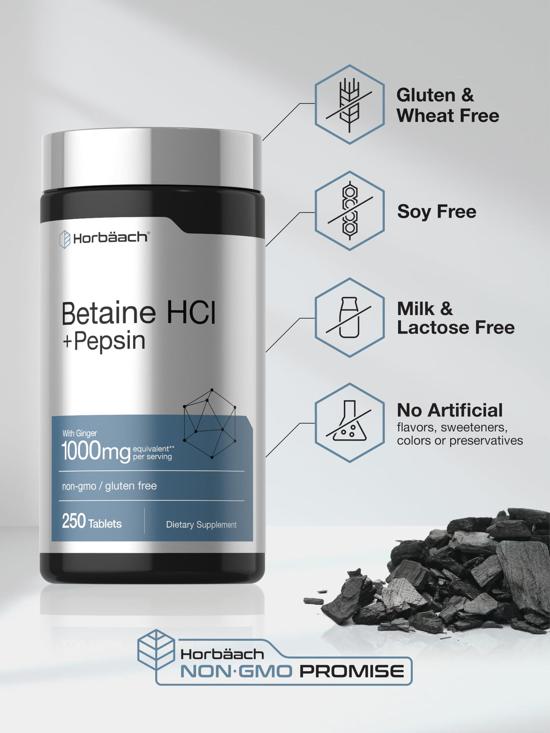 Horbäach Betaine HCl With Pepsin, 250 Count