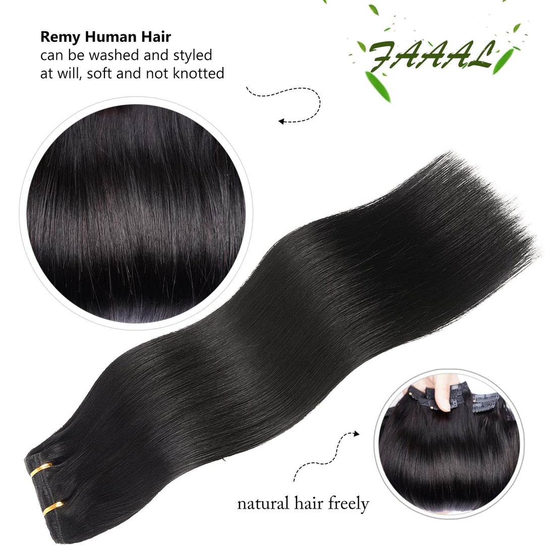 FAAAL Clip In Human Hair Extensions, Jet Black, 18 Inch 150g 7 Count