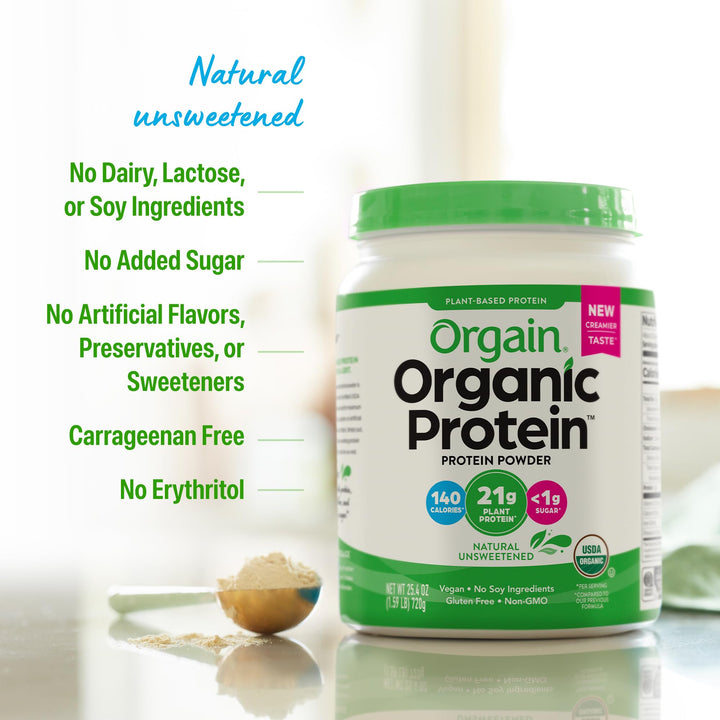 Orgain Organic Vegan Protein Powder, Natural Unsweetened, 1.59 lb