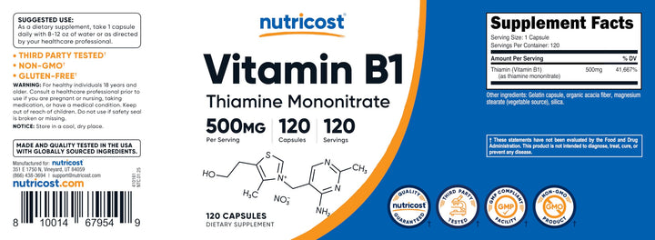 Nutricost Vitamin B1 Thiamine 500 mg, 120 Count