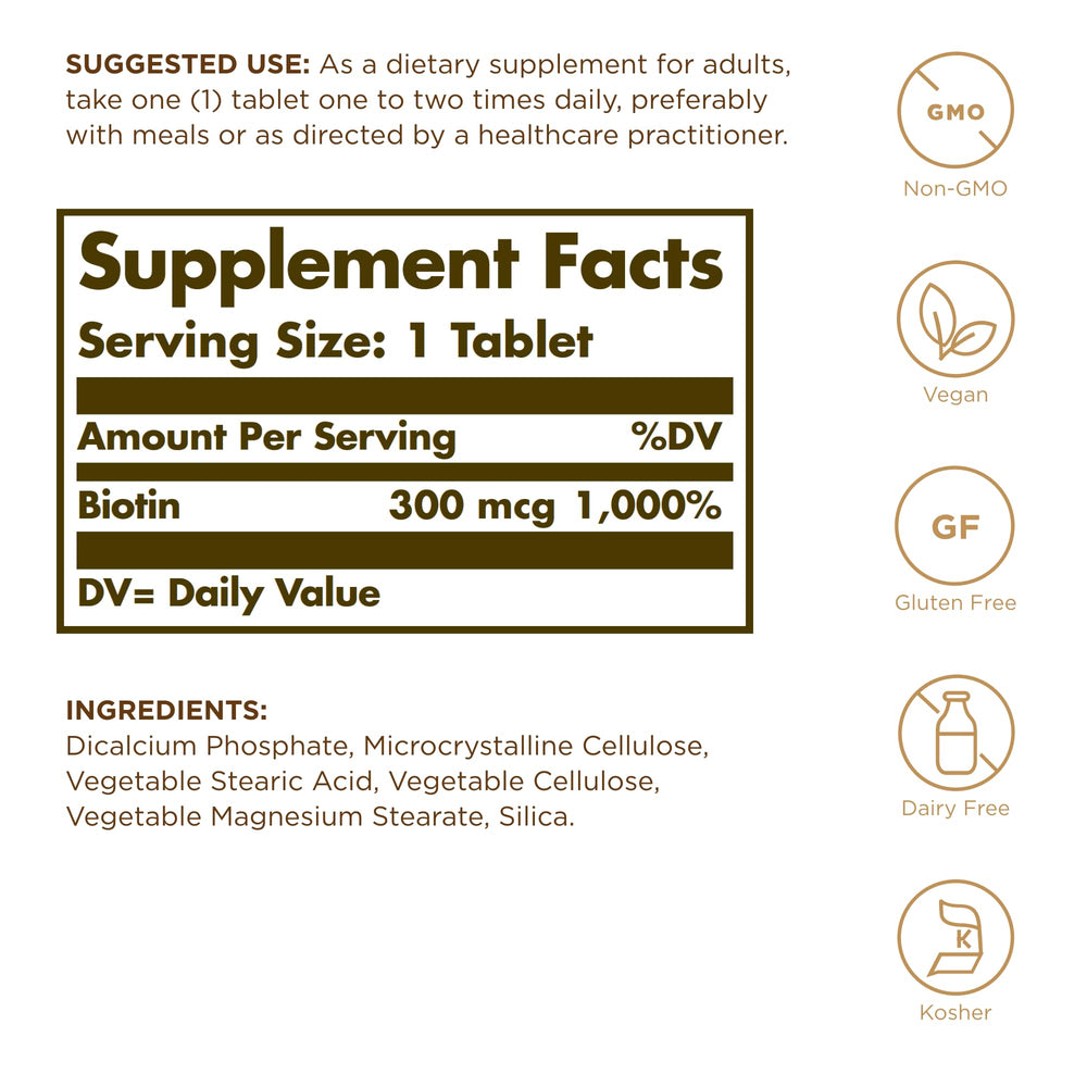 Solgar Biotin 300 mcg, 100 Count
