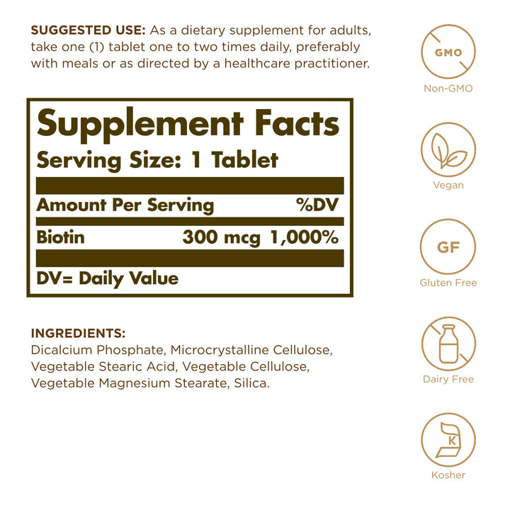 Solgar Biotin 300 mcg, 100 Count