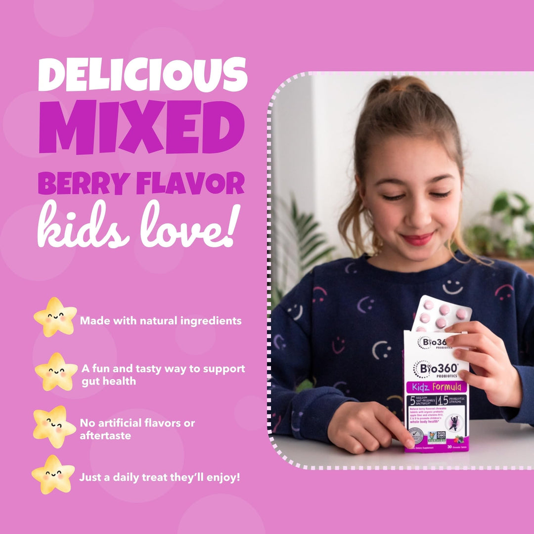 Bio360 Kids Probiotic Chewable Supplements, Mixed Berry, 5 Billion CFU, 30 Count